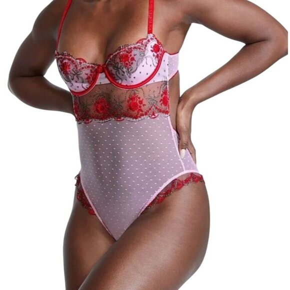 Victorias Secret Lingerie XXL Pink Floral Teddy Sexy Pushup Mesh Dot Girly - Picture 1 of 15